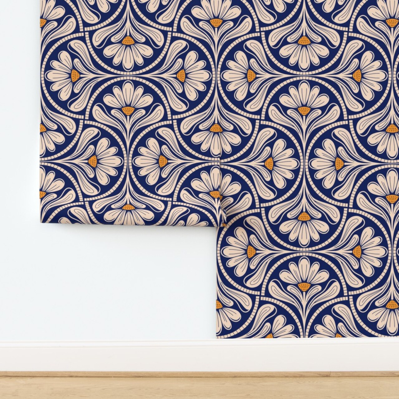 Blue Floral Yellow Cream Flowers Bold Modern Minimalist Cobalt Geometric Custom Removable Wallpaper by Spoonflower Peel & Stick Wallpaper 2FT Wide